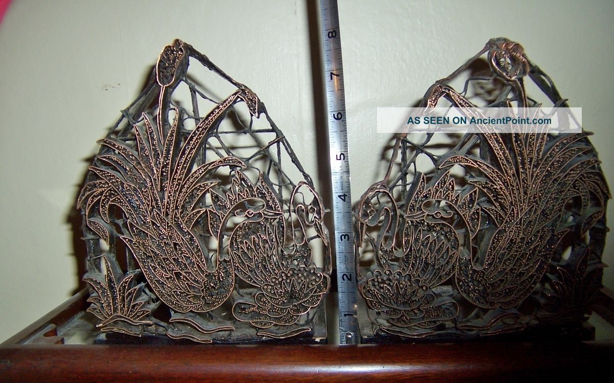 Rare Pair Vintage Copper Batik Stamp Tjap Chop For Hand Block Printing Swans Other Asian Antiques photo