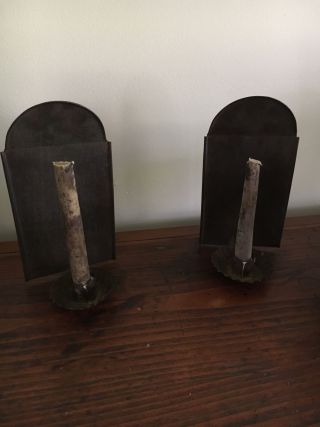 19th C Early Antique Pair Tin Metal Candle Wall Sconces Hooded Tops photo