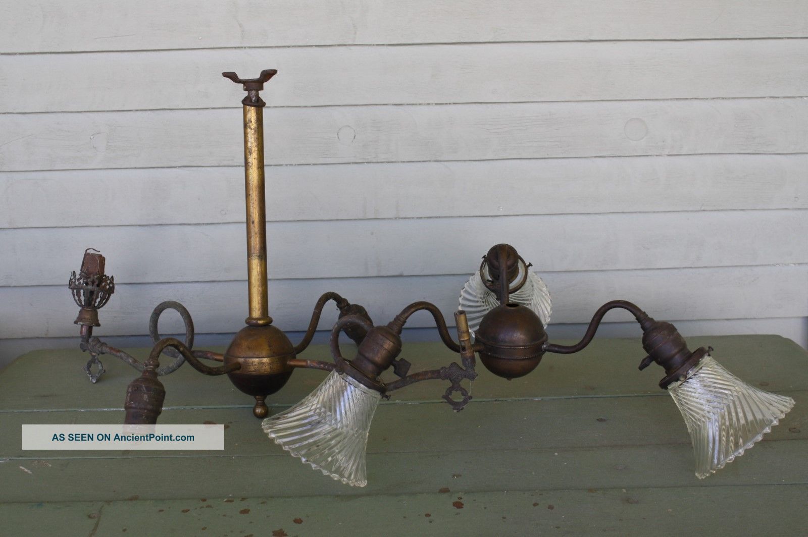 2 Vtg Architectural Gas Electric Brass Chandelier Ceiling Hanging Light Fixture Chandeliers, Fixtures, Sconces photo