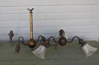 2 Vtg Architectural Gas Electric Brass Chandelier Ceiling Hanging Light Fixture photo