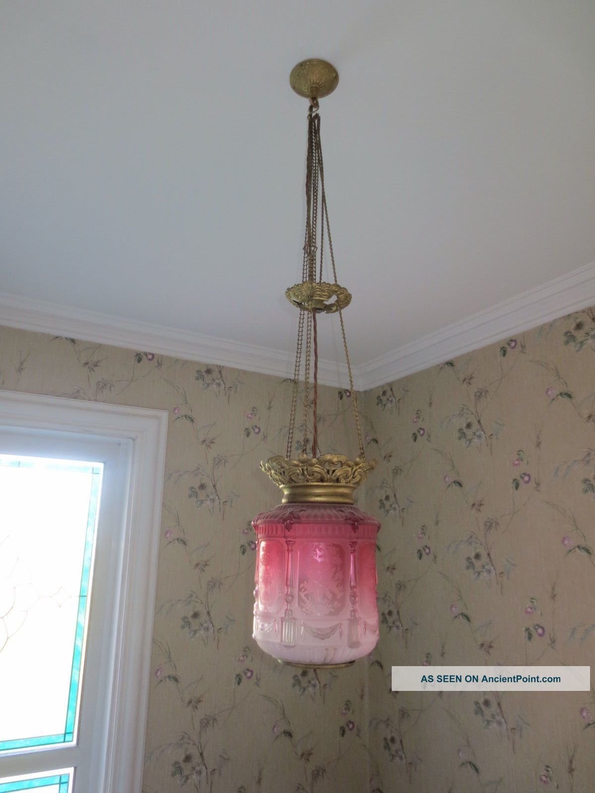 Grand Victorian Cranberry Glass Paraffin Hall Oil Lamp Hanging Light Lamps photo