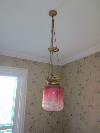 Grand Victorian Cranberry Glass Paraffin Hall Oil Lamp Hanging Light photo