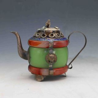 Chinese Handwork Old Jade Bracelet Inlay Tibet Silver Dragon Teapot &monkey Lid photo
