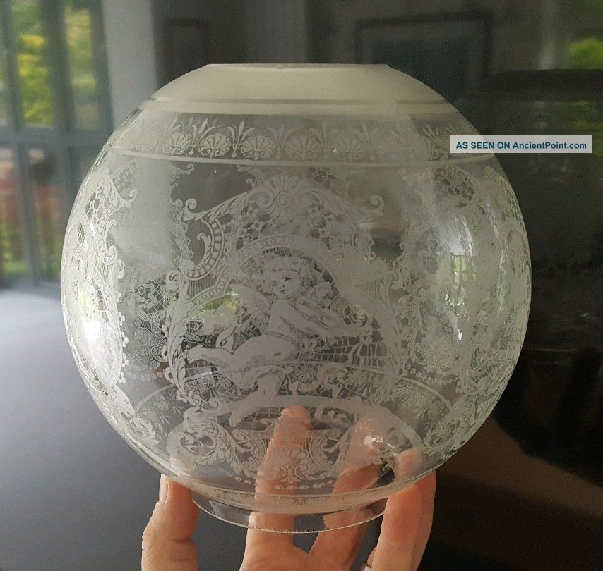 Intricate Victorian Nouveau Acid Etched Oil Lamp Globe Shade Putti Cherub Duplex Lamps photo