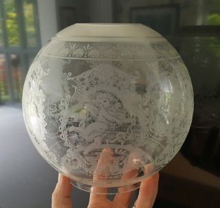 Intricate Victorian Nouveau Acid Etched Oil Lamp Globe Shade Putti Cherub Duplex photo