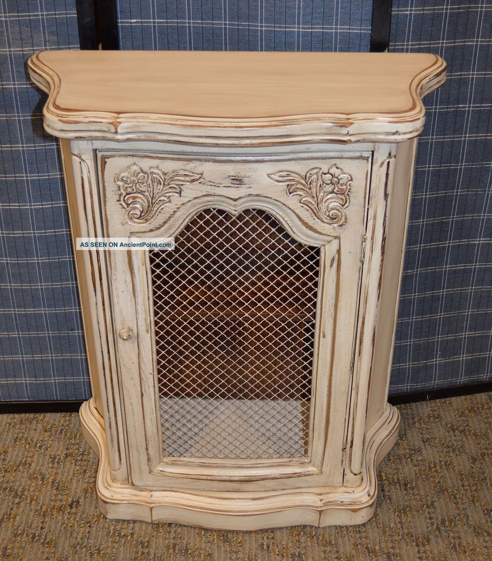 Vintage Shabby Cottage Chic French Style Small Accent Cabinet W/metal Panel Post-1950 photo