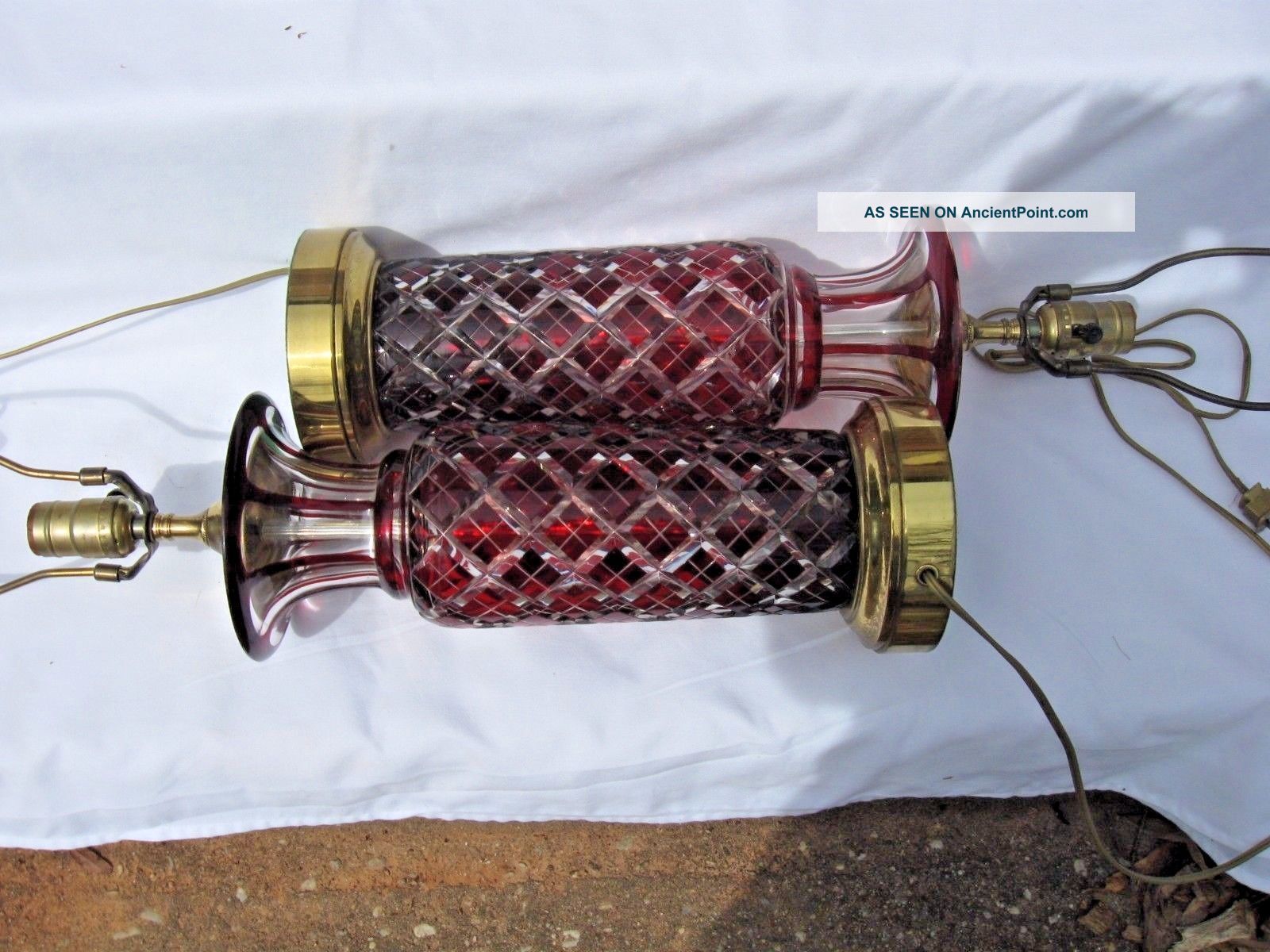 Pair (2) Antique Bohemian Red Overlay Cut To Clear Crystal Glass Lamps /vases Lamps photo