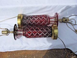 Pair (2) Antique Bohemian Red Overlay Cut To Clear Crystal Glass Lamps /vases photo