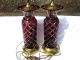 Pair (2) Antique Bohemian Red Overlay Cut To Clear Crystal Glass Lamps /vases Lamps photo 3