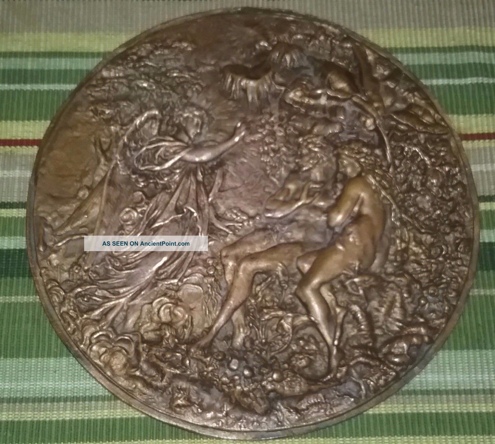 Antique High Relief Bronze Plaque Adam & Eve Angel Eden Victorian Metalware photo