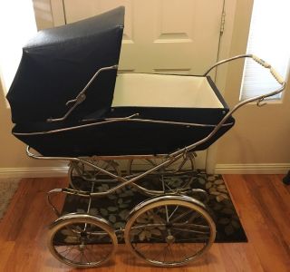 Vintage Italian Perego Baby Stroller Carriage - Navy Blue - Made In Italy photo