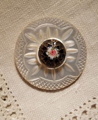 Antique 1800 ' S Carved Mother Of Pearl Button W/ Cloisonne Center - As Found photo