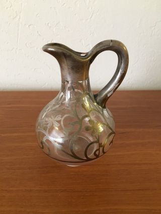 Antique Small Blown Glass Pitcher/vase With Silver Overlay photo