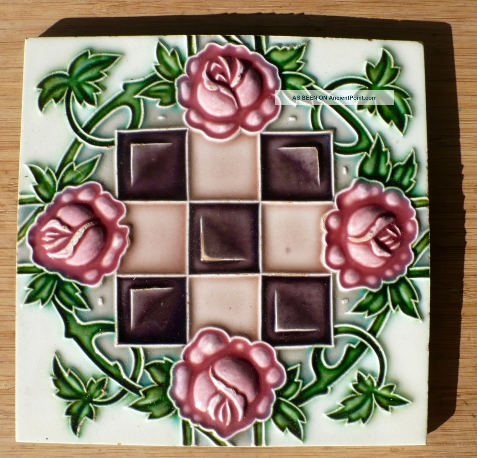 Vintage Japanese Glazed Ceramic Decorative Tile Tiles photo