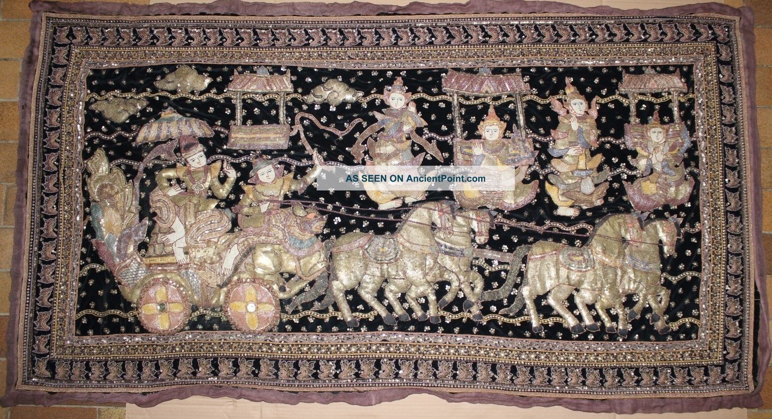 Myanmar Old Patchwork Embroderie Artwork Textile Wall Carpet Beads Burma Kalaga Other Ethnographic Antiques photo