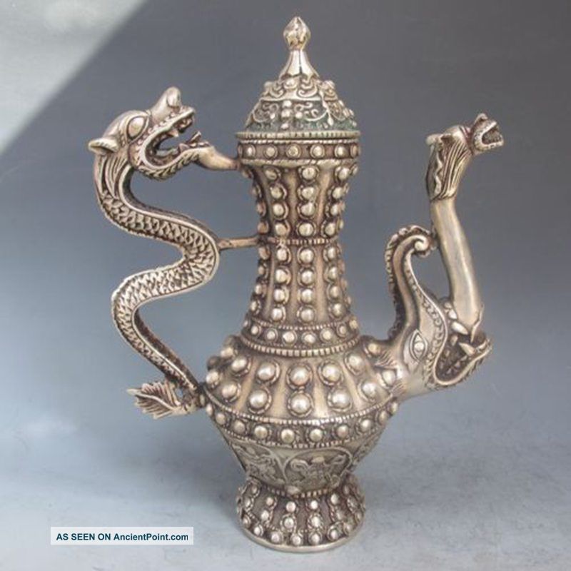 Old Antique Tibet Silver Bronze Two Dragon Wine Teapot W Qing Dynasty Mark Teapots photo