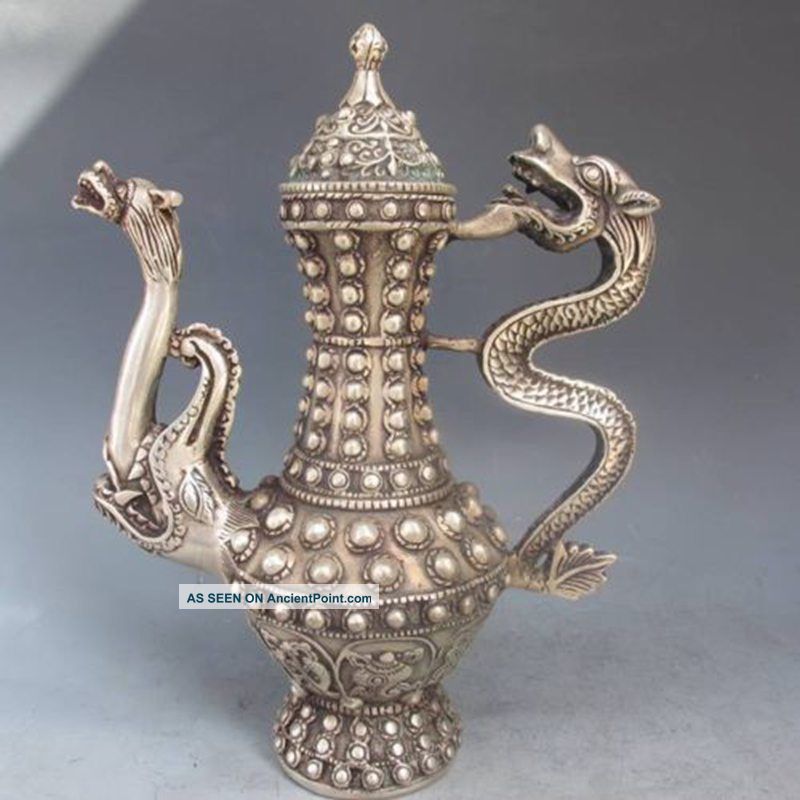Old Antique Tibet Silver Bronze Two Dragon Wine Teapot W Qing Dynasty Mark