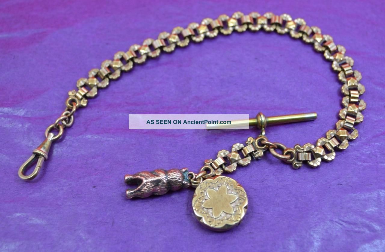 Antique Art Nouveau Fob Watch Chain With Medalion & Teddy Bear Marks Art Nouveau photo