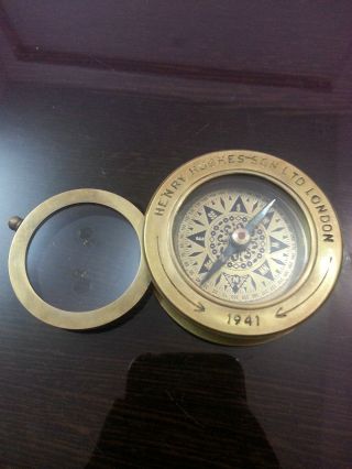Nautical Brass Compass With Magnifier Lens Henry & Hughes Son Vintage Compass photo