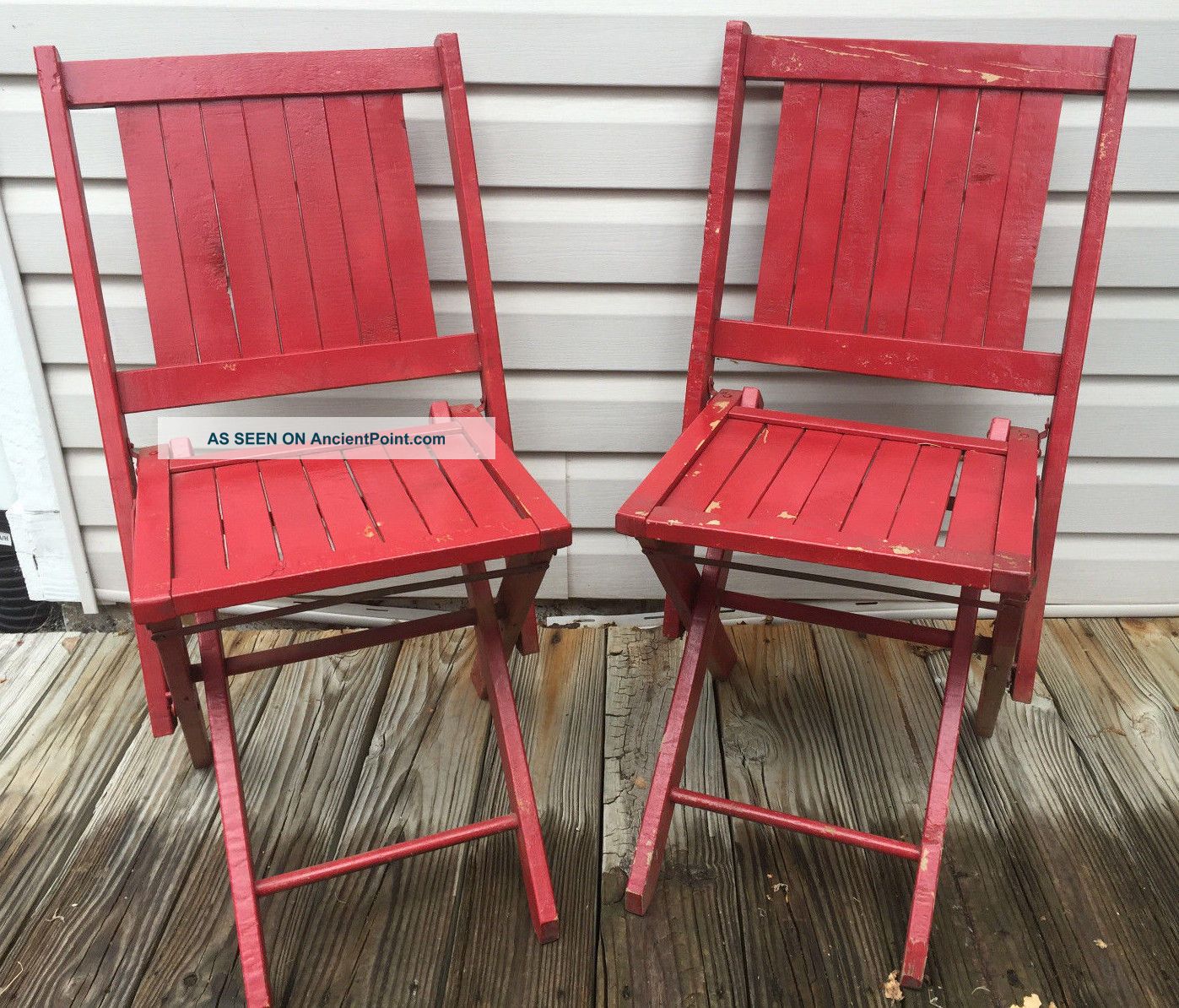 Pair 2 Matching Simmons Co.  Slatted Wood / Metal Folding Chairs - Painted Red 1900-1950 photo