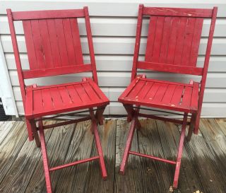 Pair 2 Matching Simmons Co.  Slatted Wood / Metal Folding Chairs - Painted Red photo