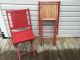 Pair 2 Matching Simmons Co.  Slatted Wood / Metal Folding Chairs - Painted Red 1900-1950 photo 1