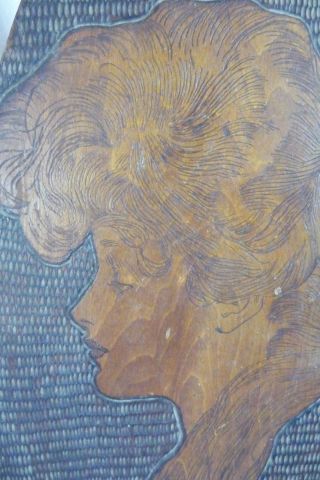 Antique Vtg Art Nouveau Lady Woman Pyrography Wood Burned Wall Plaque Portrait photo