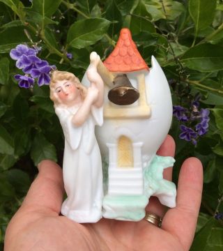 Antique Figural Bisque Angel Ringing Bell Holiday Egg Vase Christmas Or Easter photo