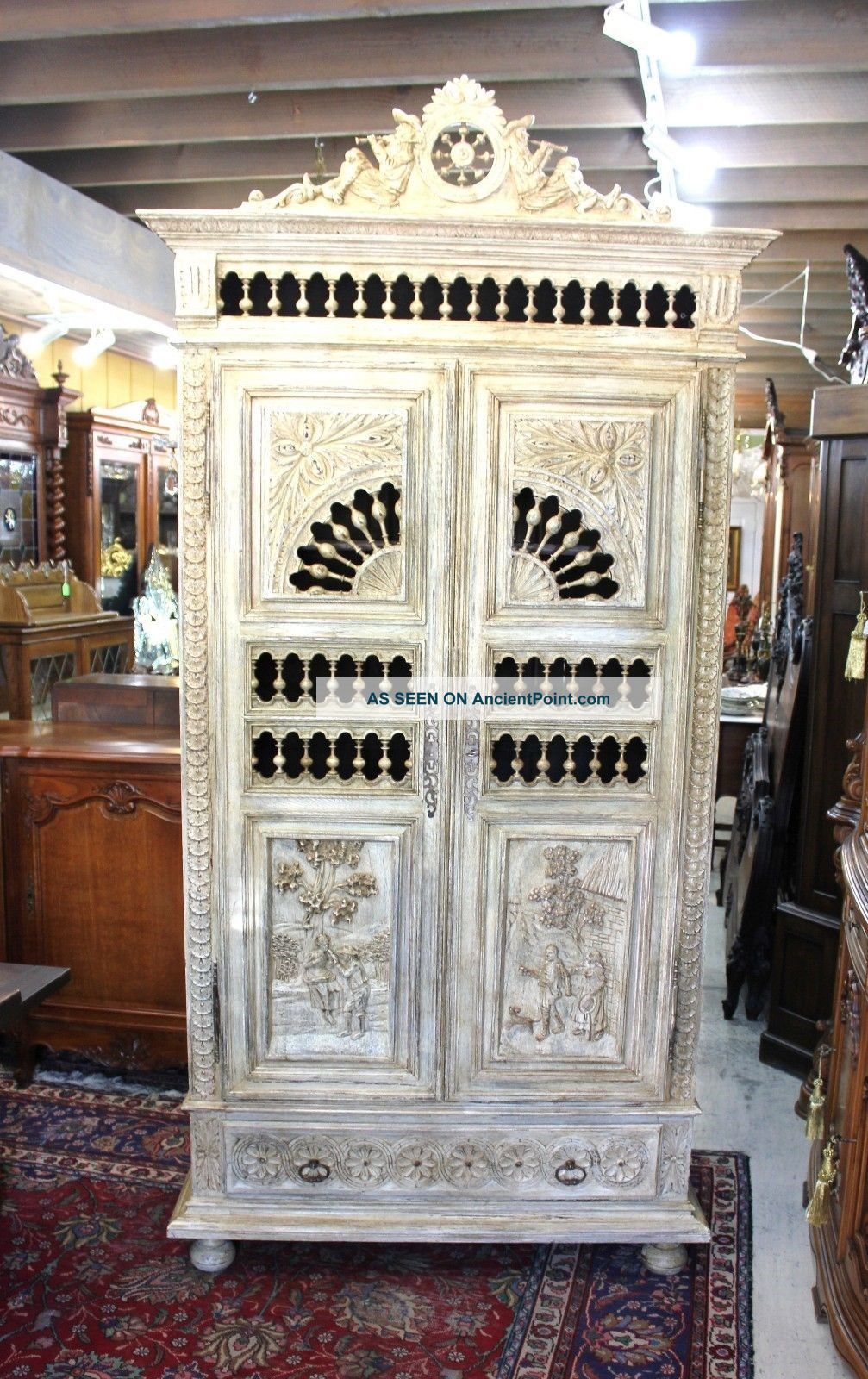 Antique White Carved French Oak Brittany Painted Armoire. 1800-1899 photo