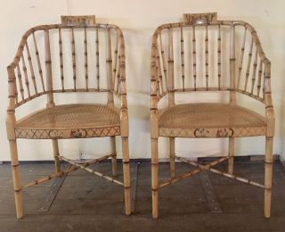 Pair Vintage Faux Bamboo Barrel Back Chinoiserie Painted Chairs photo