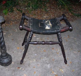Antique Primitive Footstool Turned Wood And Leather Seat Bench Foot Stool photo