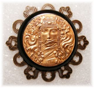 Art Nouveau Mucha Bohemian Goddess Poppies & Jewels Brass Bakelite Studio Button photo