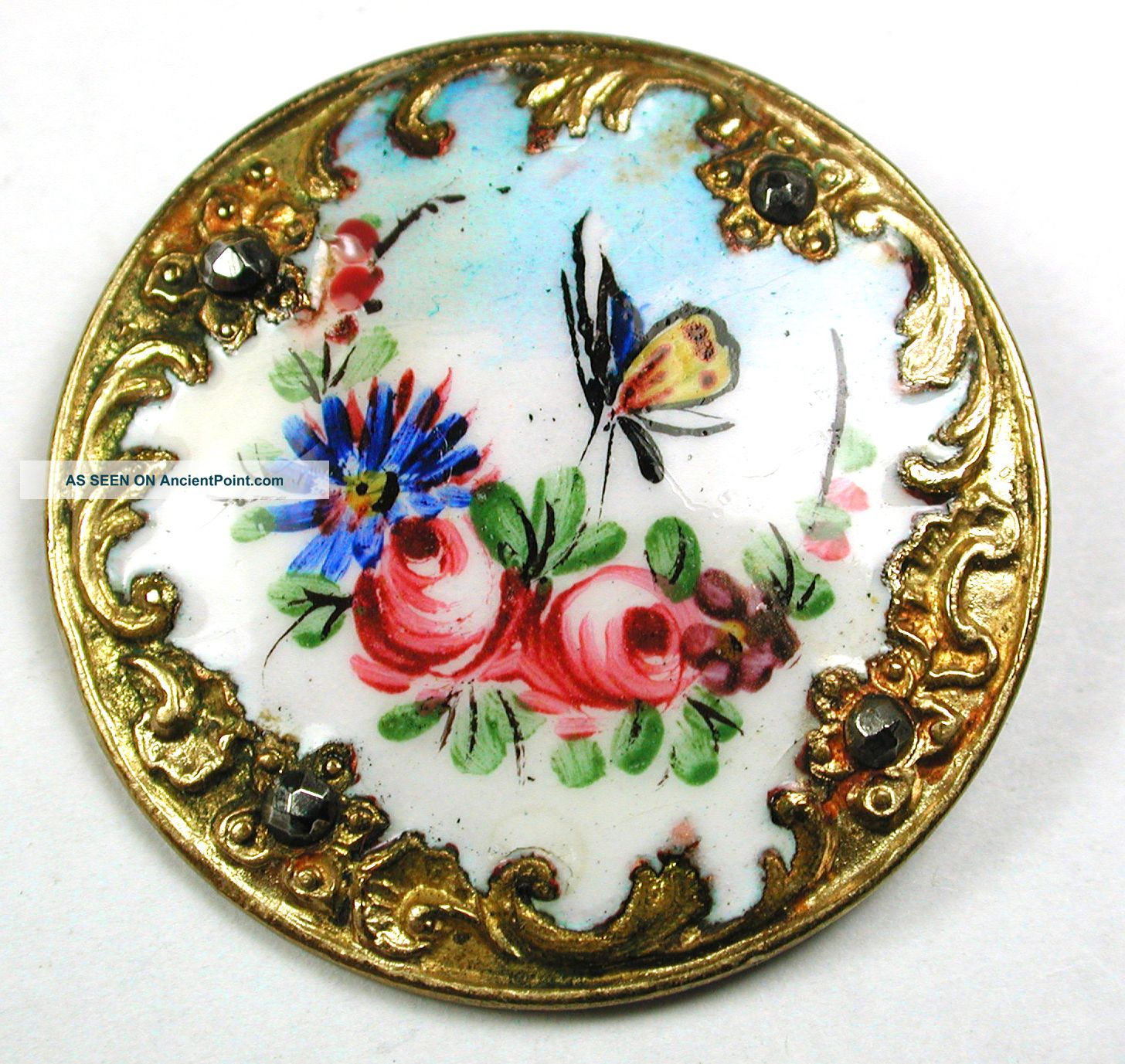 Antique Enamel Button Butterfly & Flowers W/ Fancy Border & Cut Steel Accents Buttons photo
