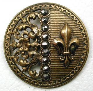 Antique Pierced Brass Button W/ Fleur De Lis & Cut Steel Accents - 1 & 3/8 photo