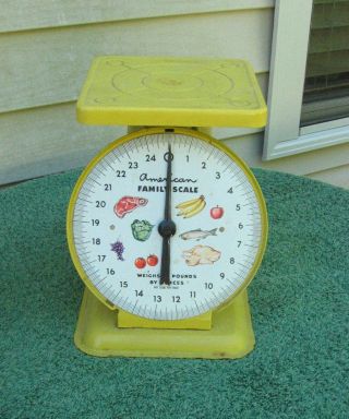 Vintage 1950 ' S Yellow American Family Metal Scale With Fruit,  Chicken,  Fish photo