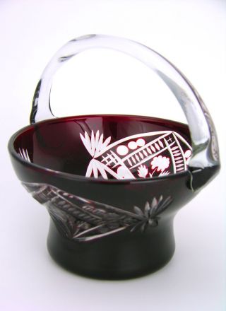 Vintage Ruby Red Cut Glass Basket Vase Bowl Bohemian 1950s photo