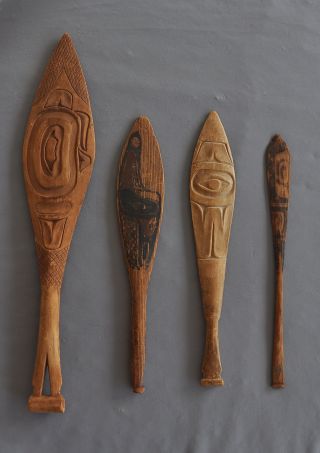 4 Old Northwest Coast Canoe Dance Paddles - Carved Painted - Tlingit - Haida photo