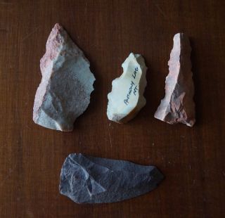 Four Large Aboriginal Spear Tips,  Scraper - Northern Territory Stone Tools.  9cm. photo