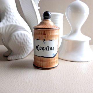 Antique Porcelain Cocaine Apothecary Canister Faux Bois Hand Painted Pharmacy photo