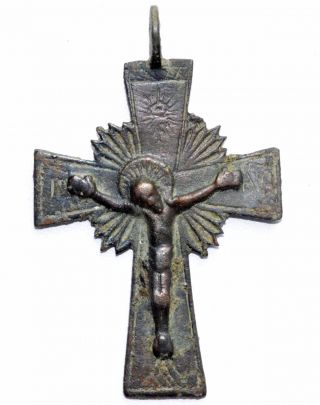 Lovely Medieval Bronze Cross Pendant W/ Crucified Jesus - Wearable Artifact St40 photo