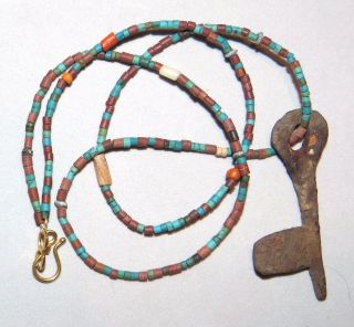 Ancient Viking Key Bronze Turquoise Pipestone Necklace 900 - 1100ad photo