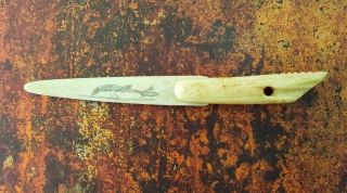 Vintage Alaskan Eskimo Carving Knife Scrimshaw Antler Bone Fossil Letter Opener photo
