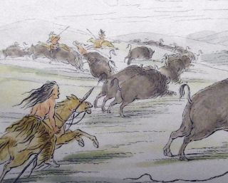 1842 G.  Catlin Handcol Engraving Native American Indians Buffalo Hunt photo
