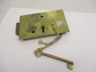 Antique Solid Brass Door Lock Bronze Key & Screws Double Sided Bolt Vintage Old photo