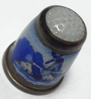 Vintage Sterling Silver Thimble Glass Top Enameled Landscape Germany photo