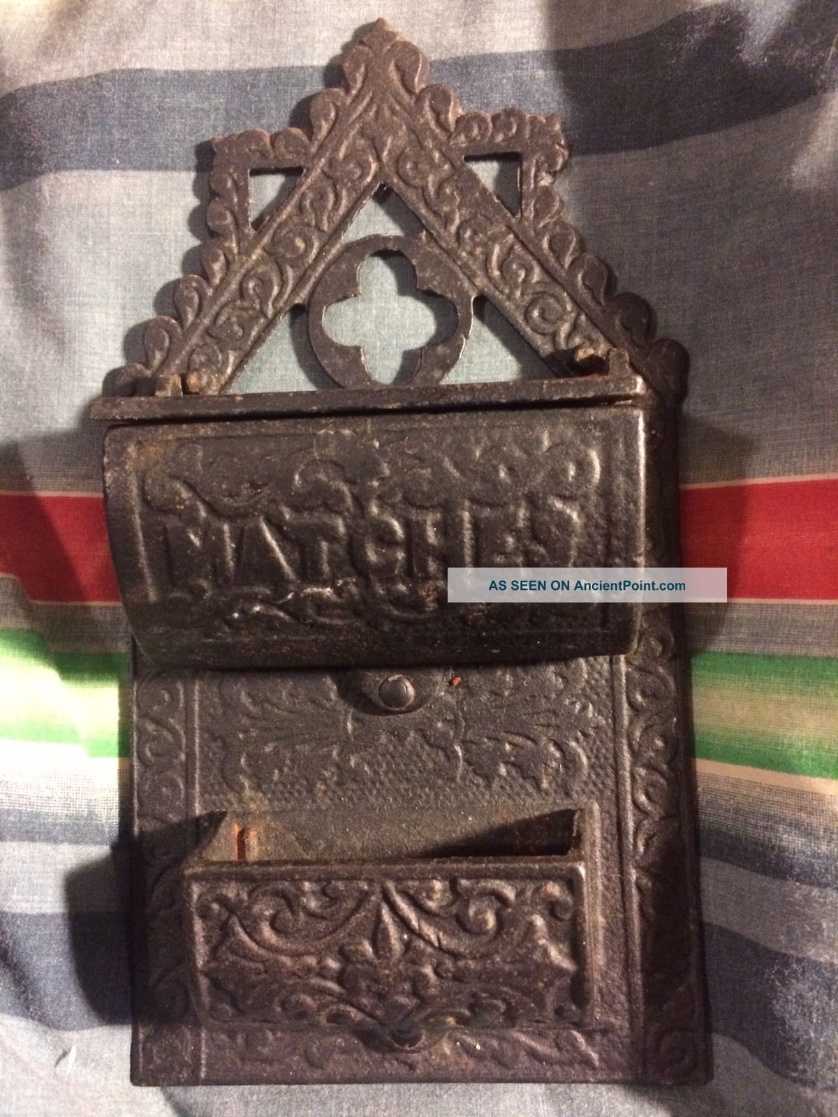 Ornate Brass Cast Iron Wall Mount Match Box Holder With Hinged Lid Hearth Ware photo