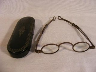 Antique Spectacles / Eyeglasses Ca 1800 With Inlaid Case - Pin In Slot Temple photo