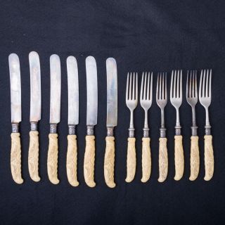 12 Landers Frary & Clark Aetna Sterling Silver & Carved Celluloid Forks & Knives photo
