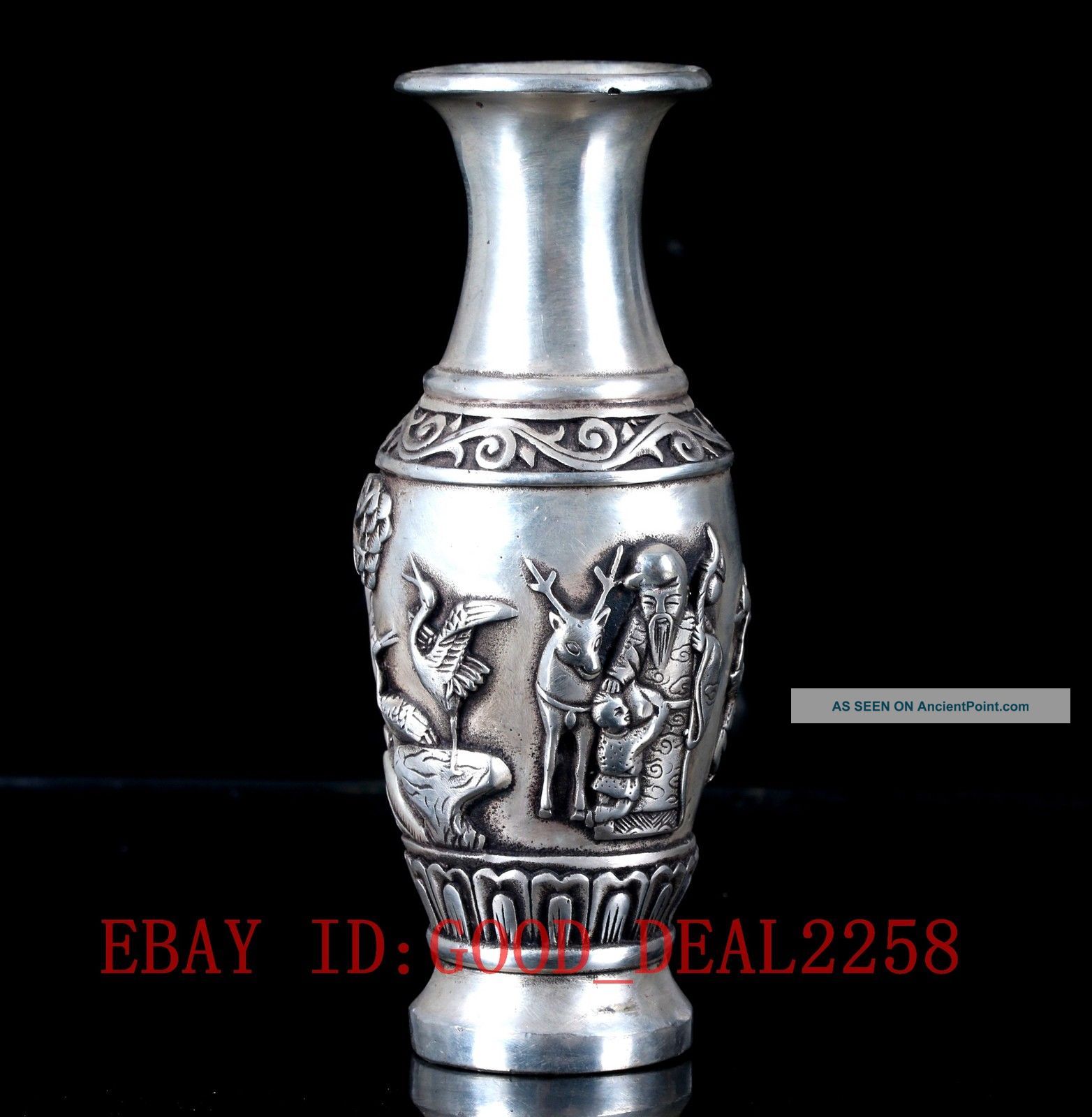 Old Silve Copper Hand Carved “god Of Longevity & Deer” Vase W Qianlong Mark 寿星 Vases photo