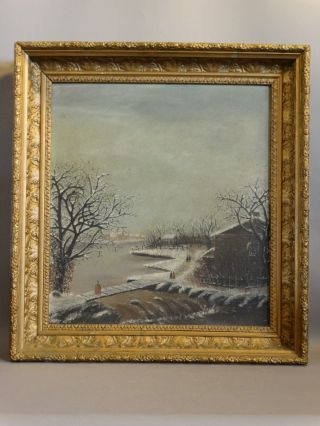 19thc Antique Victorian Winter Folk Art Snow Scene Landscape Oil Painting Frame photo